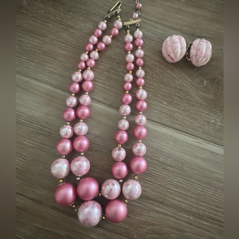 Vintage Pink Bubble Ball MultiStrand Necklace with Pink Clip On Earrings